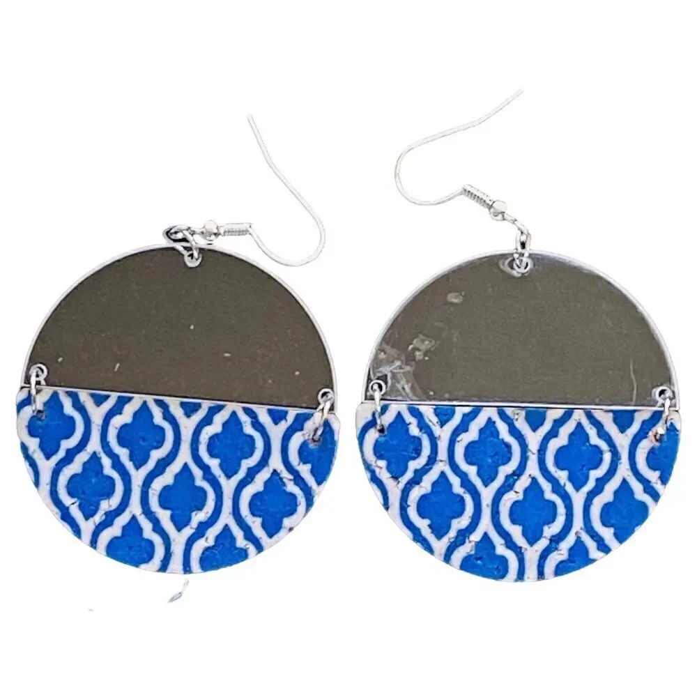 Moroccan Design Cork & Clear Acrylic Circular Drop Earrings NWT